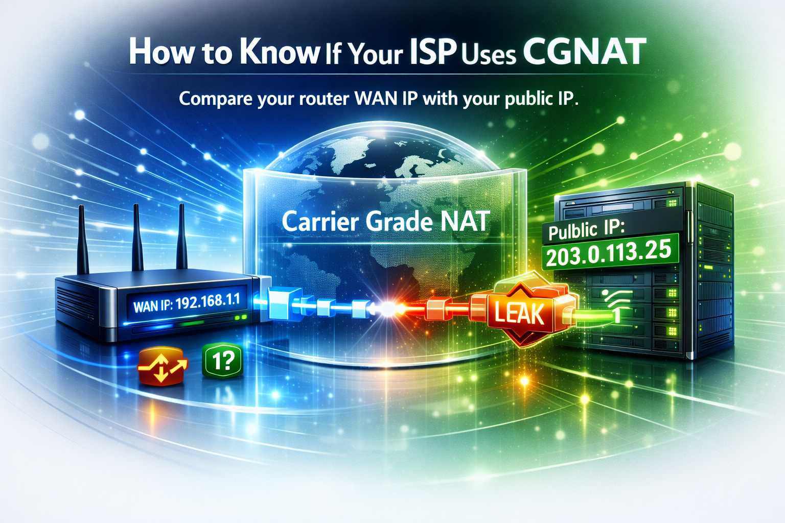 CGNAT detection workflow comparing router WAN IP with public IP