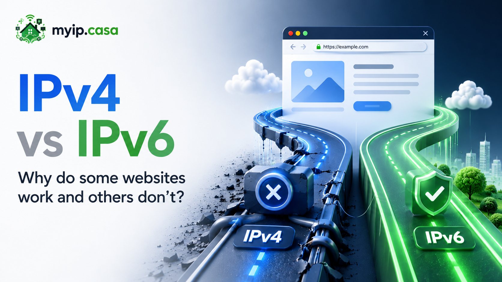 IPv4 vs IPv6 connection paths showing why some websites work and others fail