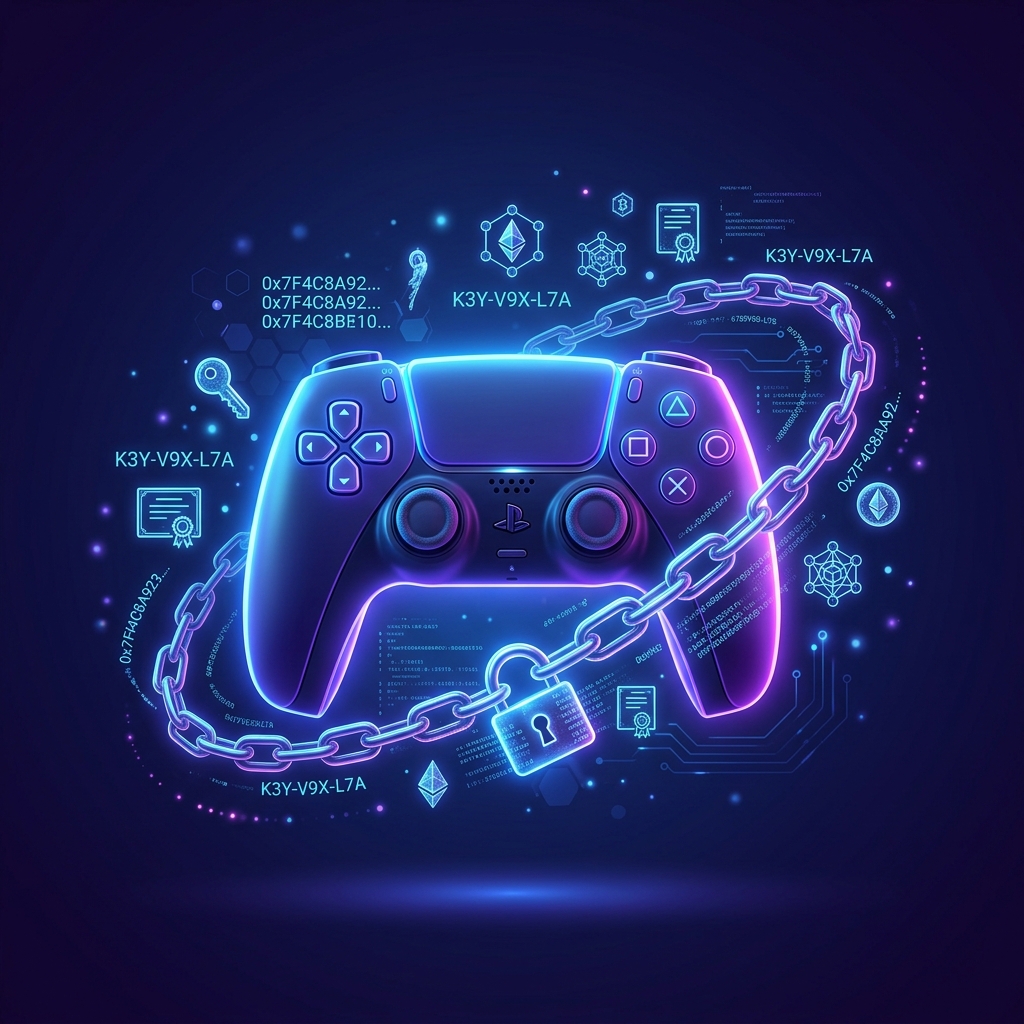 Stylized PlayStation controller slipping through digital licensing chains