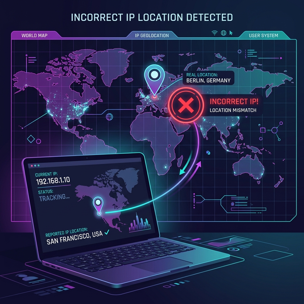 Incorrect IP location illustration showing world map, caution sign, and a mismatched laptop screen tracker